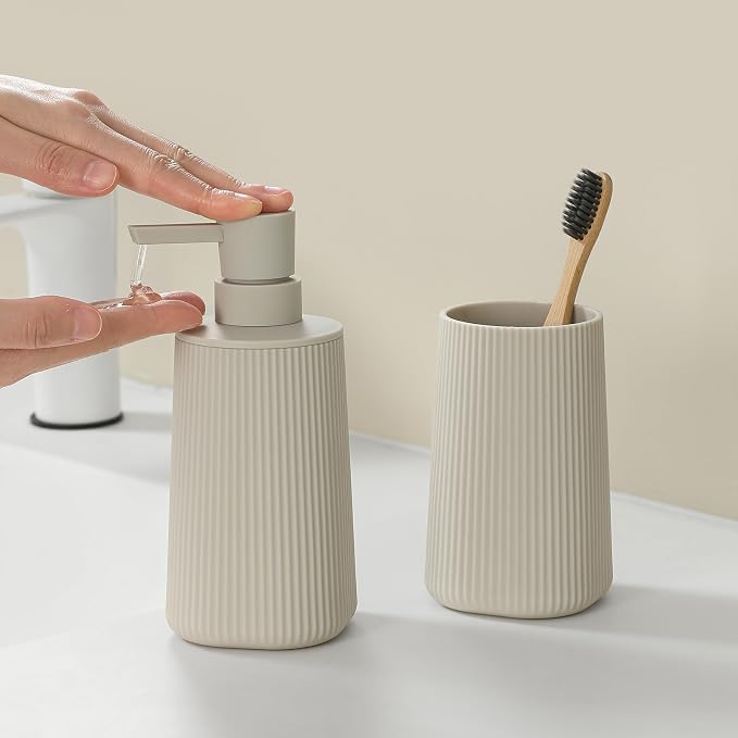 Bathroom Accessories 2 Piece Soap Dispenser and Toothbrush Holder Set Striped - Image 2
