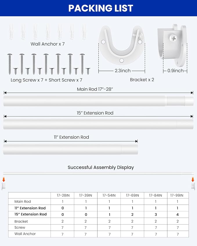 Closet Rods for Hanging Clothes, 17 to 129 Inches Stepless Adjustable Metal - Image 5