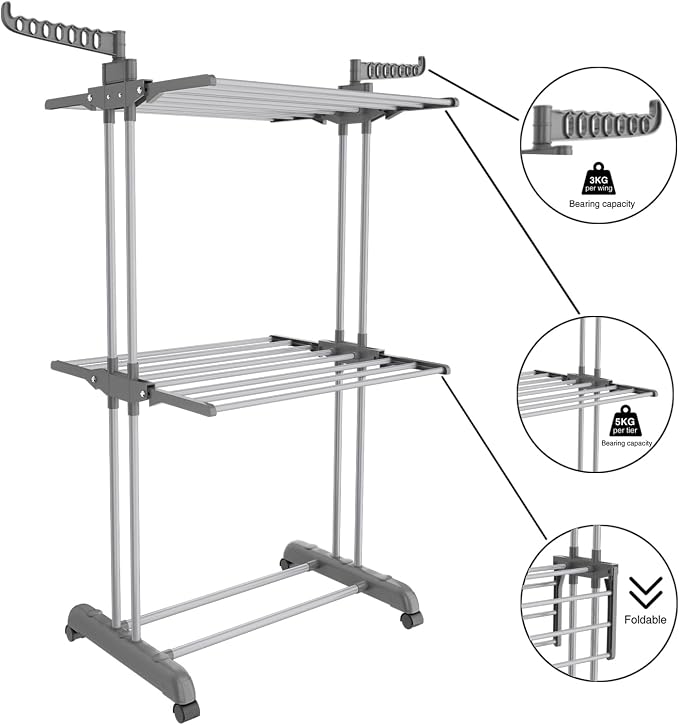 Bigzzia 3 Tier Clothes Drying Rack, 57 Inch Laundry Drying Rack, Foldable - Image 4