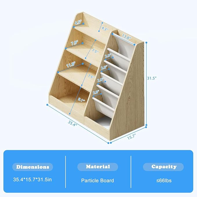4 Tier Kids Wooden Bookshelf, Five Layer Sling Children Bookcase, Baby Storage - Image 3