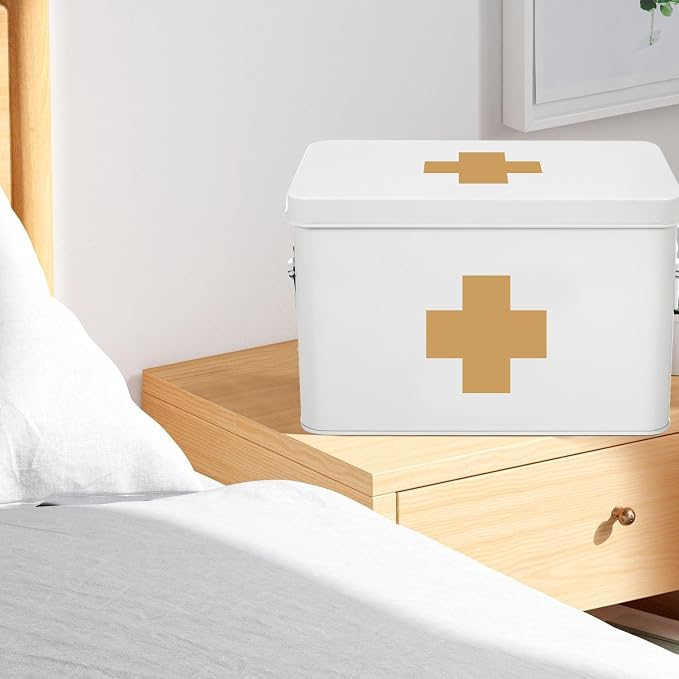 Flexzion First Aid Box Organizer Empty 13" White Vintage First Aid Kit Tin - Image 6