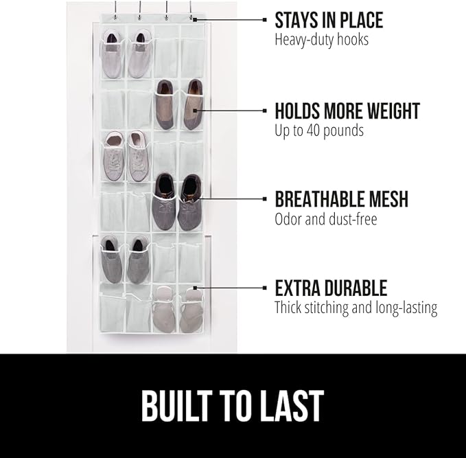 GORILLA GRIP Over the Door Shoe Organizer, 24 Large Breathable Mesh Pockets - Image 2