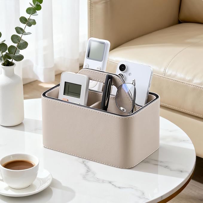 Caddy Organizer with Handle, PU Leather Remote Control Holder Desk Caddy - Image 3