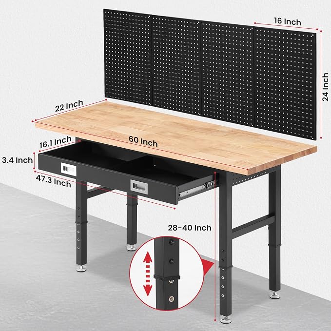 Work Bench for Garage with Drawers 60 x 22 Inch Heavy Duty Rubberwood Tabletop - Image 7