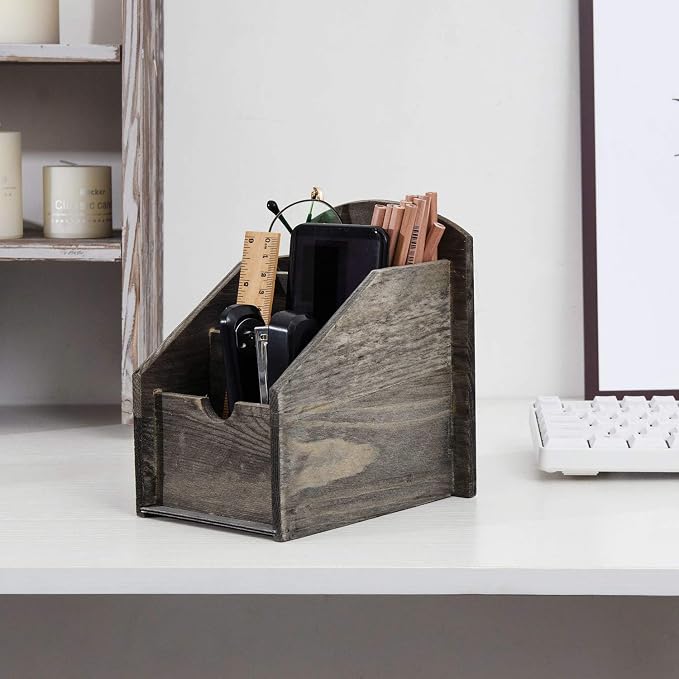 VERGOODR 3 Slot Rustic Wooden Remote Control Frame Media Organizer, Office - Image 6