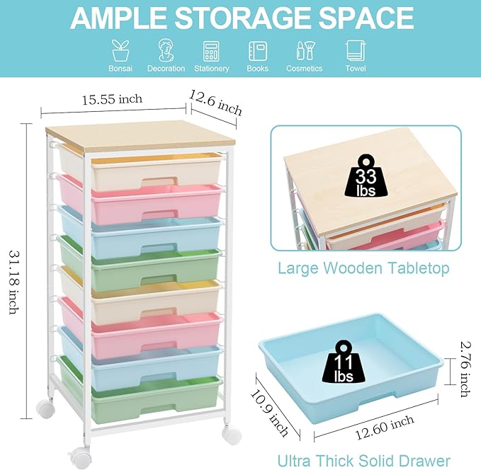 Rolling Storage Cart with Drawers, Utility Cart With 8 Drawers and Wooden - Image 2