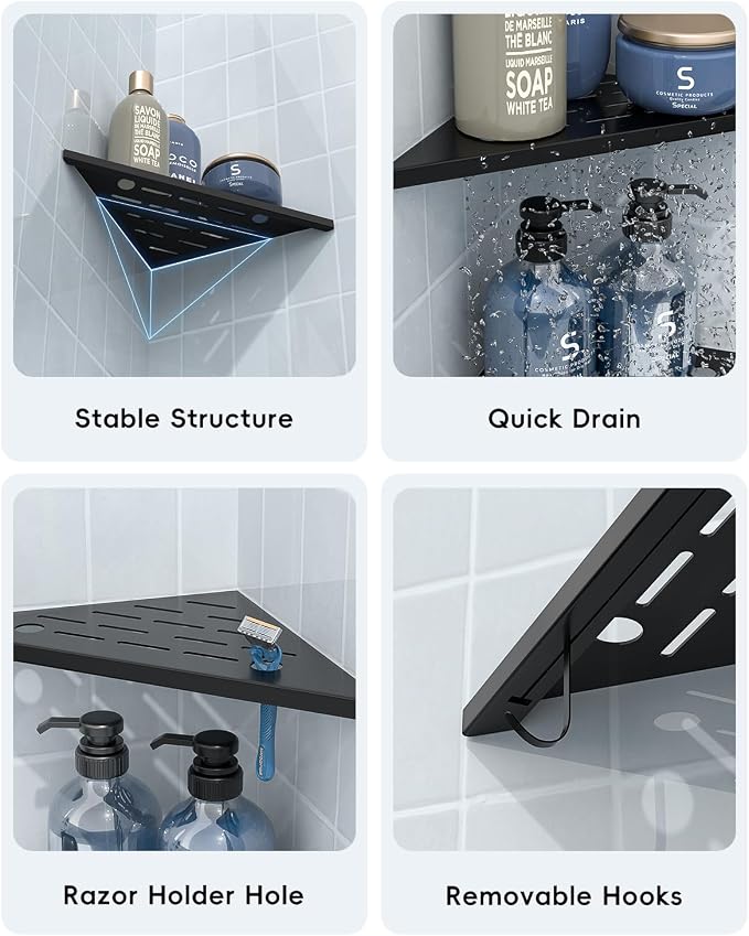 DAYONE Matte Black Corner Shower Shelf 2 Pack 10", Bathroom Corner Shower - Image 4