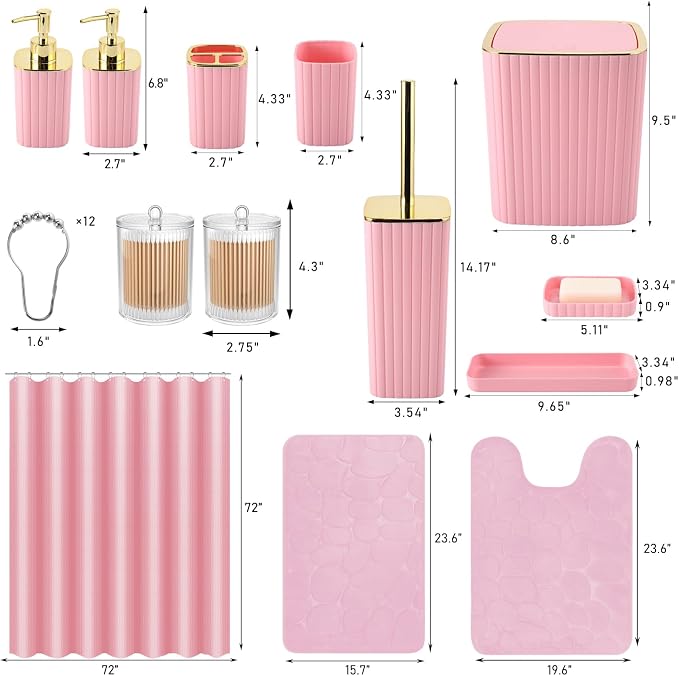 Pink Bathroom Set with Shower Curtain and Rugs- 25PC Bathroom Accessory Set - Image 3