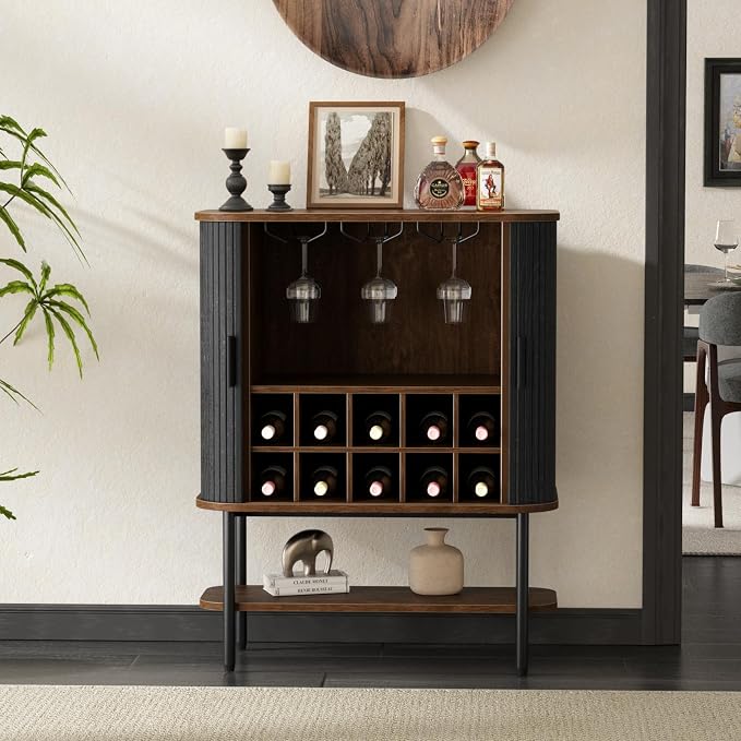 Black Coffee Bar Cabinet with Storage, Fluted Wine Liquor Cabinet with Sliding by FiveWillowise