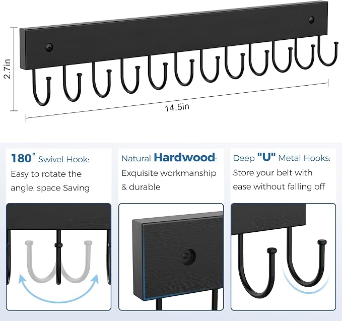 Belt Hanger Wall Mounted, Wooden Belt Organizer Max 12 Storage Capacity - Image 4