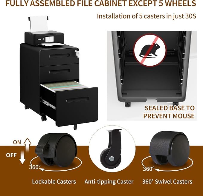 3 Drawer File Cabinet with Lock and 4 Keys, Mobile Metal Filing Cabinet - Image 7