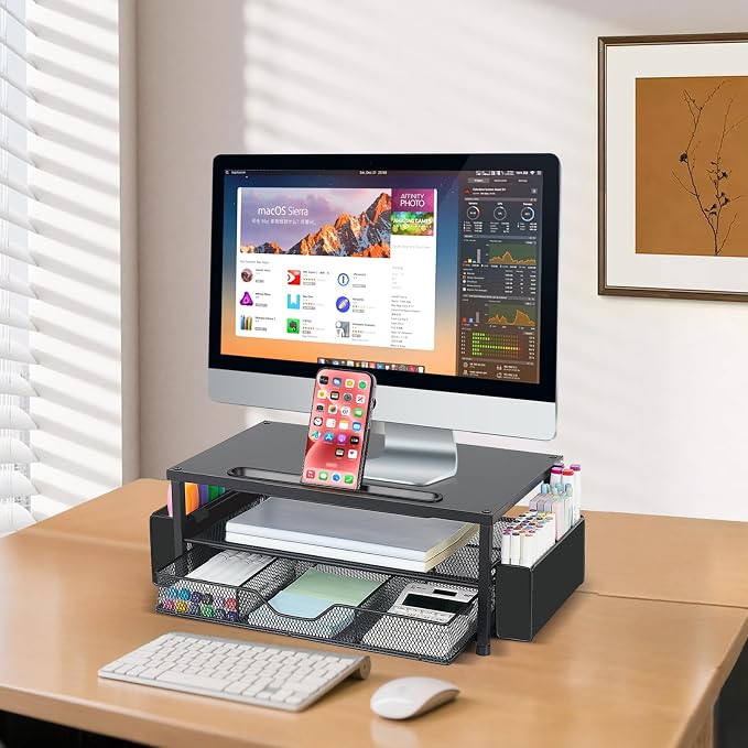 AUPSEN Wood Computer Monitor Stand Riser, 2-Tier Black Desk Organizer - Image 5