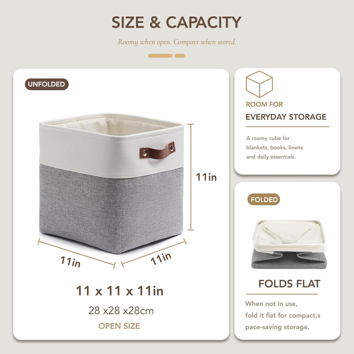 Fabric Storage Cubes 11", 6 Pack, with PU Pull Handles,Foldable