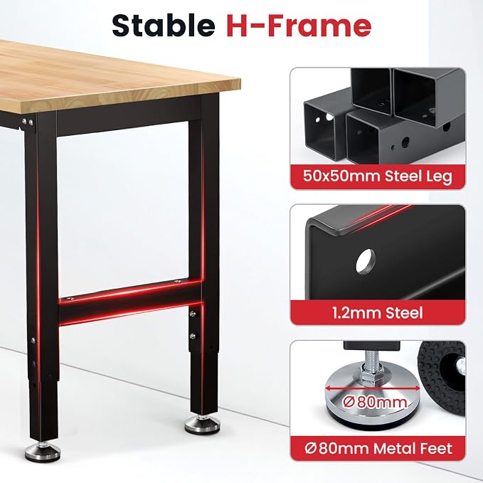 Work Bench 60 Inch Work Table for Garage Heavy Duty Rubberwood Tabletop - Image 3