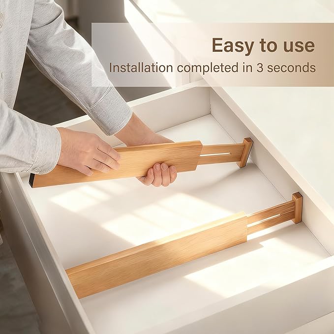 Bamboo Drawer Divider Set of 4, Adjustable Spring-Loaded Drawer Organizer - Image 5