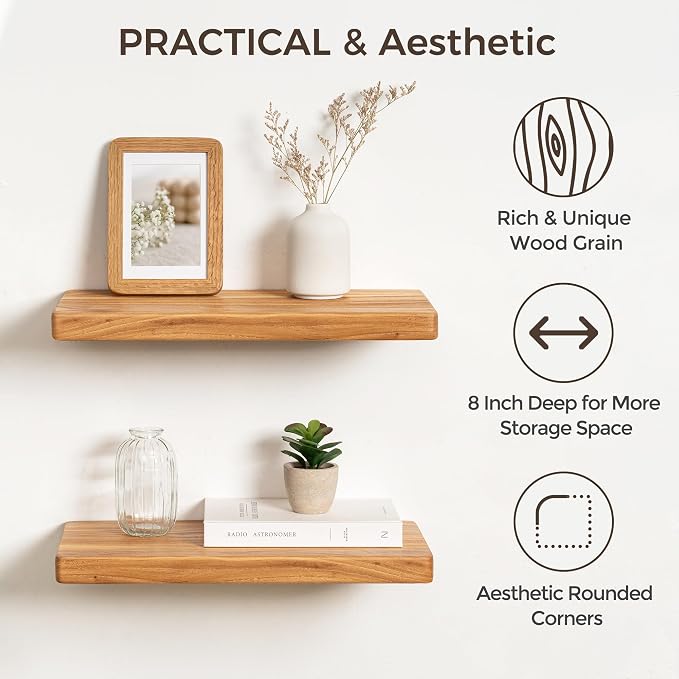 Fun Memories Rustic Solid Elm Wood Floating Shelves, 8 Inch Deep Wall Shelves - Image 4