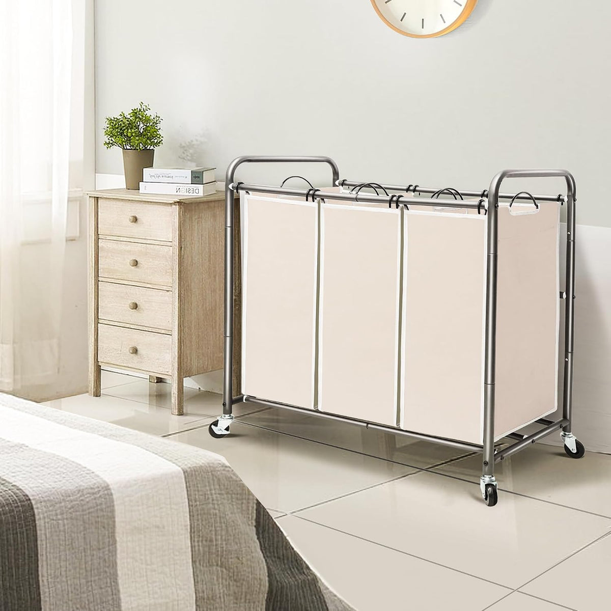 Laundry Sorter 3 Section, 3 Bag Clothes Hamper, Rolling Laundry Cart