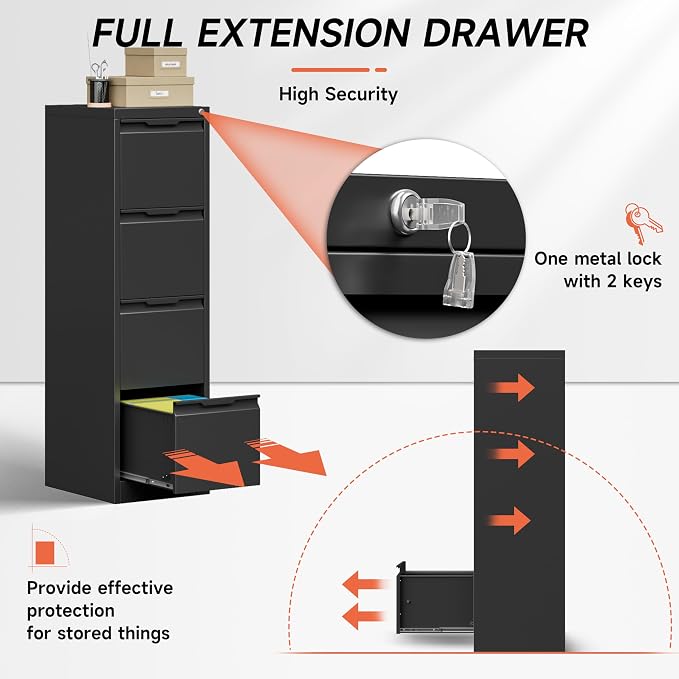 4 Drawer File Cabinet with Lock, 17.8" Deep Vertical Metal Filing Cabinet - Image 3