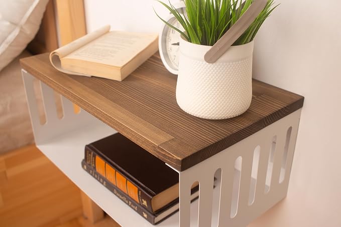 Floating Nightstand with White Metal Base, Wooden Top and Sturdy Metal Base - Image 4
