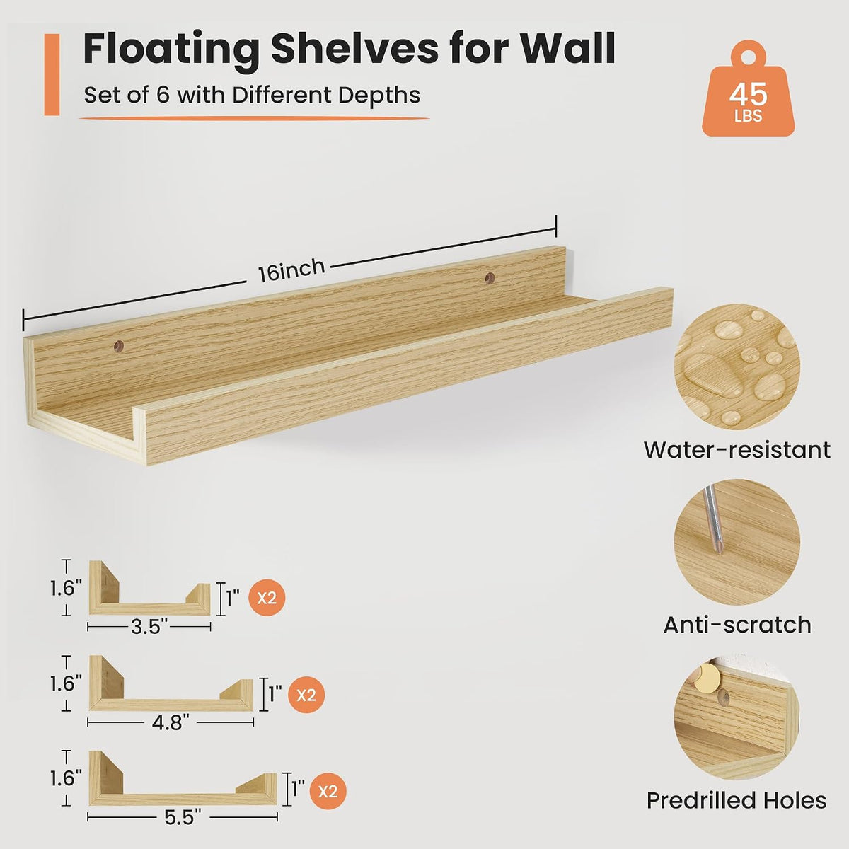 Picture Ledge Shelf, 16 Inch Long Floating Shelves Set of 6, Picture