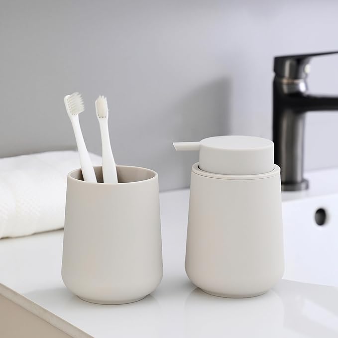 Matte Beige Bathroom Accessories 2 Piece Set Plastic Soap Dispenser and - Image 7