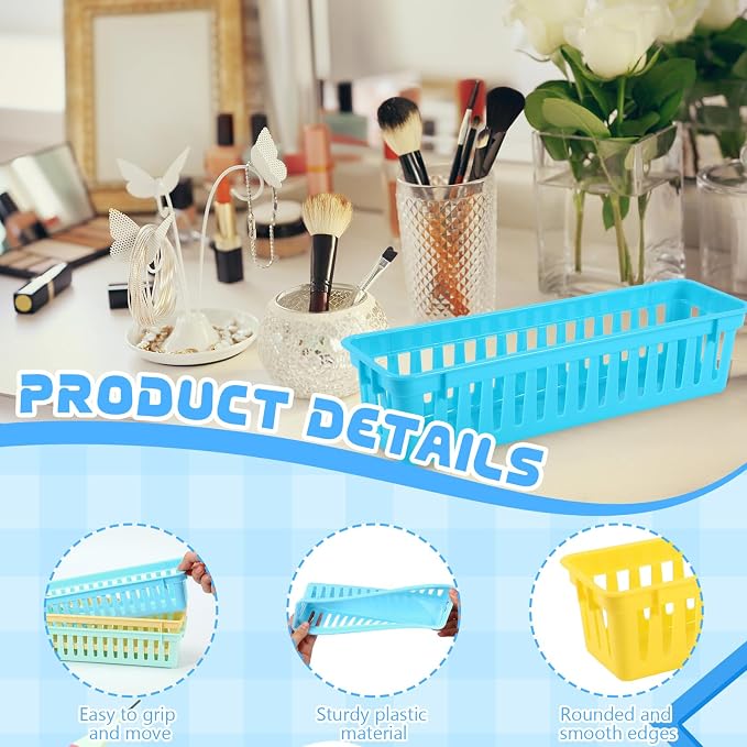 6 Pcs Colorful Slim Plastic Storage Baskets Tray 10 x 3 x 2.5 Inch Compact - Image 3