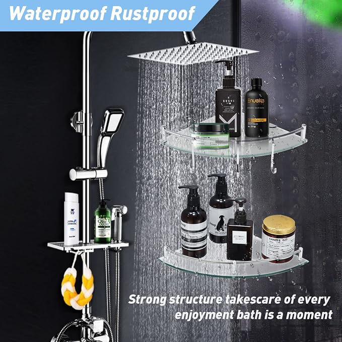 HouseMila Glass Shower Shelves, 2 Tier Tempered Glass Corner Shelf Shower - Image 6
