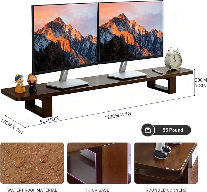 Dual Monitor Stand Riser, 47Inch Solid Wood Desktop Organizer - Image 2