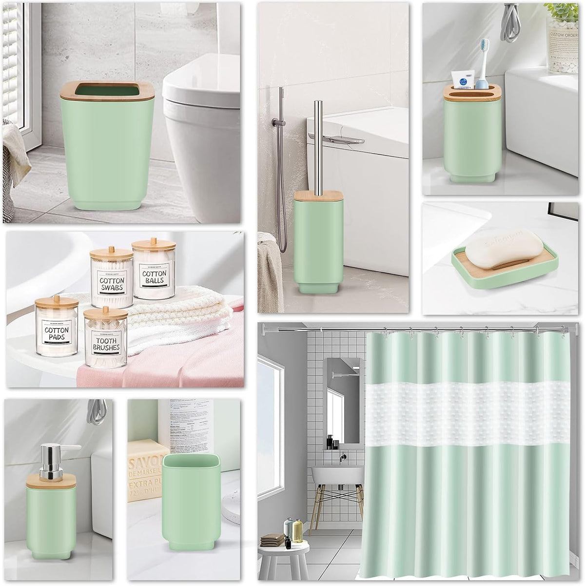 IMAVO 11 Piece Green Bathroom Set, Trash Can, Toilet Brush, Storage