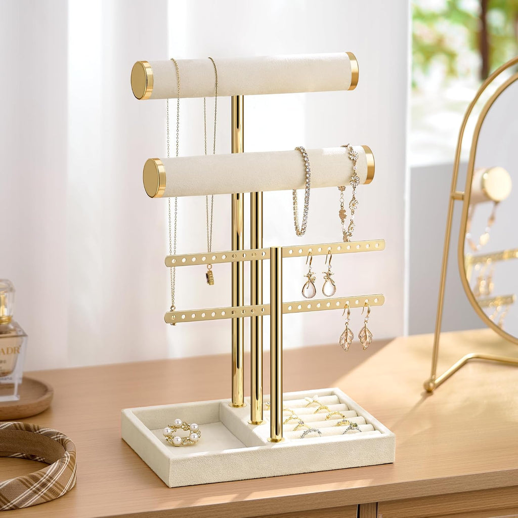 Bracelet Holder Jewelry Organizer Display - 3 Tier T Bar Velvet Stand