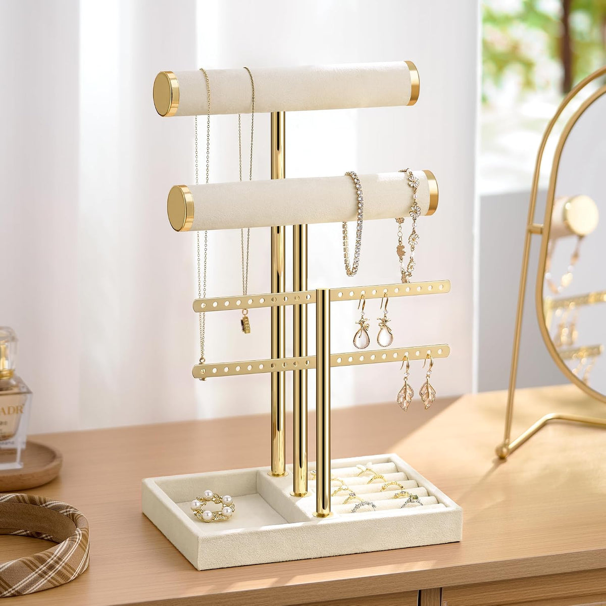 Bracelet Holder Jewelry Organizer Display - 3 Tier T Bar Velvet Stand