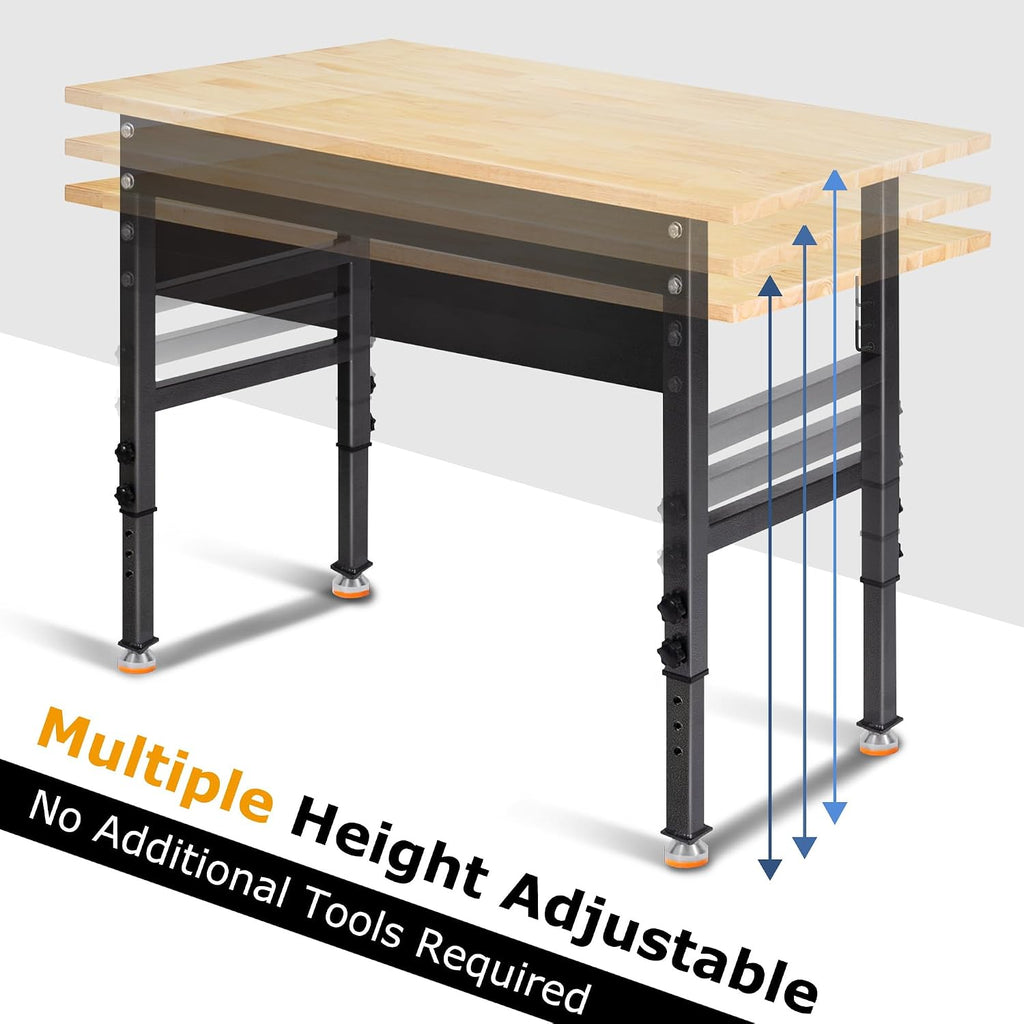 48" Adjustable Work Bench, Rubber Wood Top Workbench