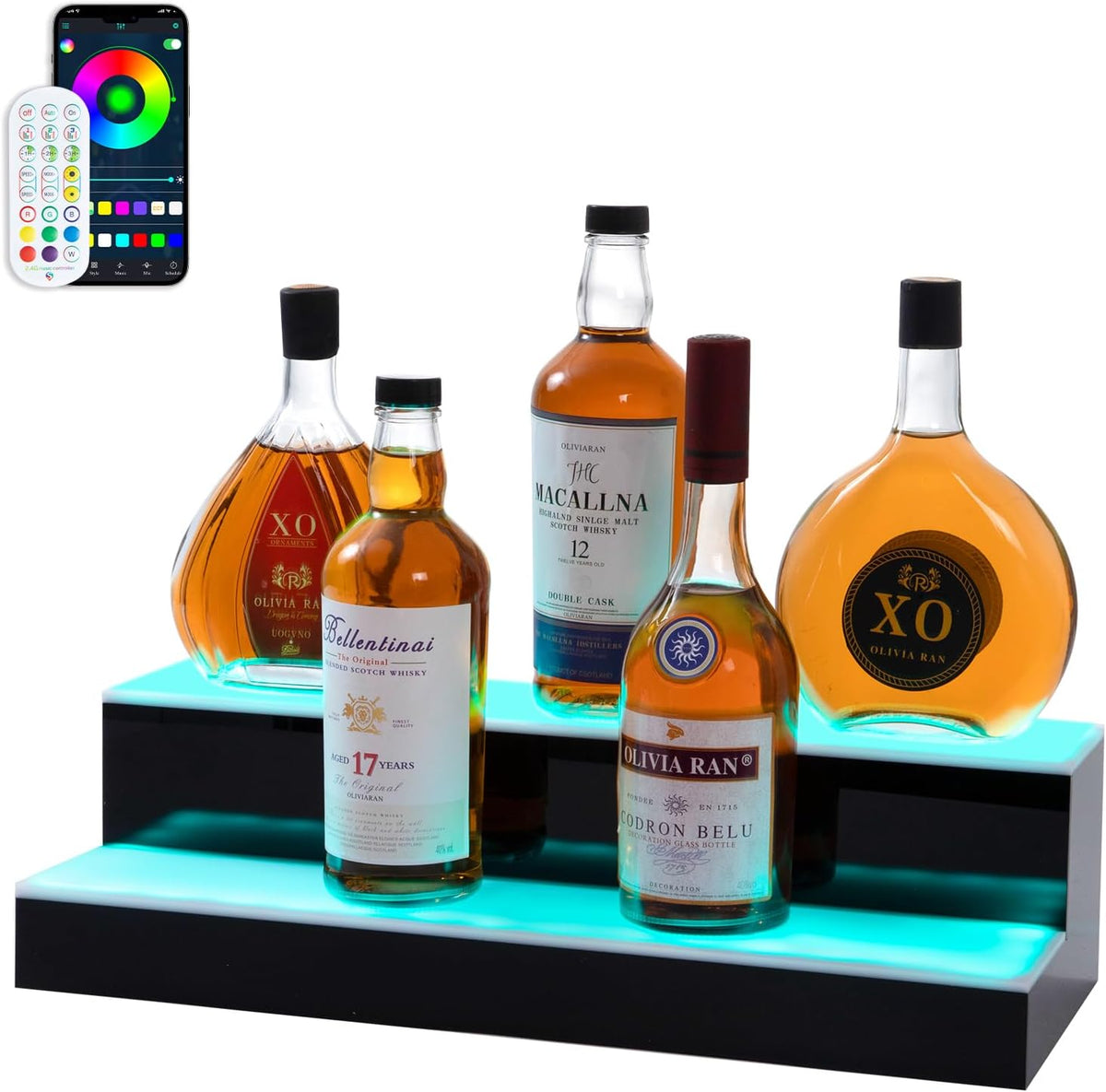 Led Lighted Liquor Bottle Display Shelf, 20 Inch 2 Tier Whiskey Rack