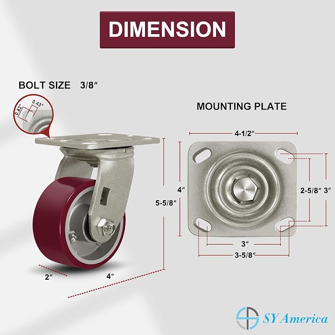 SY America 4" X 2" Casters Wheels, Heavy Duty Industrial Casters，Polyurethane - Image 2