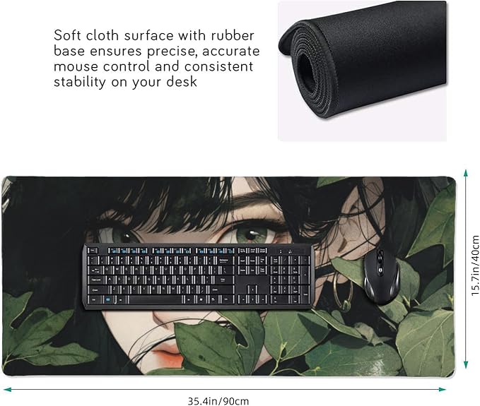 Girl in Foliage Large Mouse Pad, Anime Style Gaming Desk Mat, XXL Keyboard Desk - Image 3