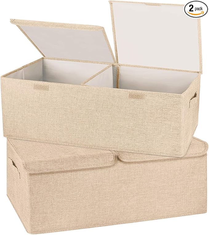 2 Pack Storage Boxes with Lids and Handles, Collapsible Linen Storage Bins by Unknown