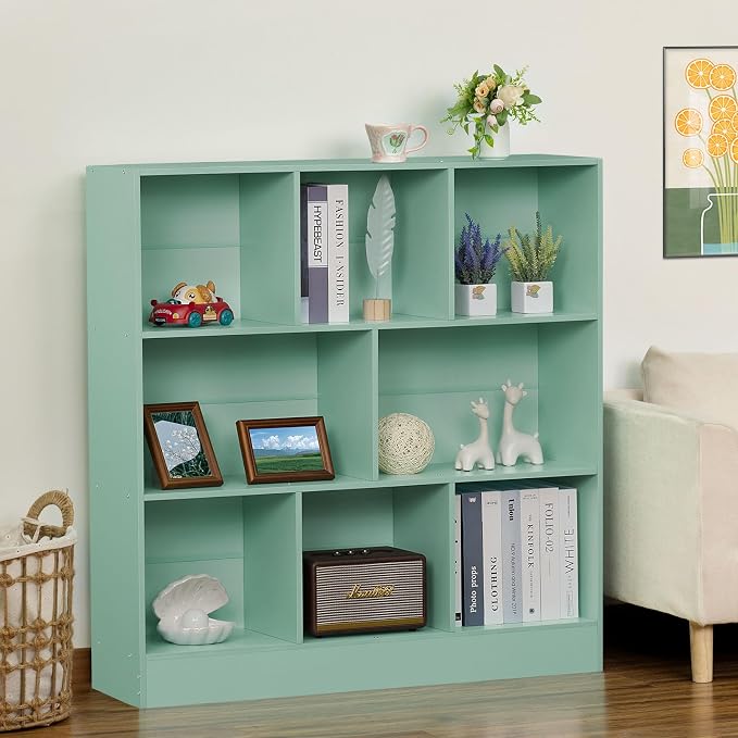 LEYAOYAO 8 Cube Bookshelf with Base, 3 Tier Modern Mint-Green Kids Bookcase - Image 3