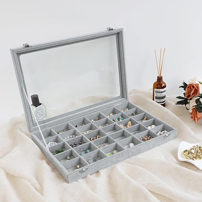 Wudygirl 30 Grid Jewelry Organizer Velvet Jewelry Box Jewelry Tray - Image 4