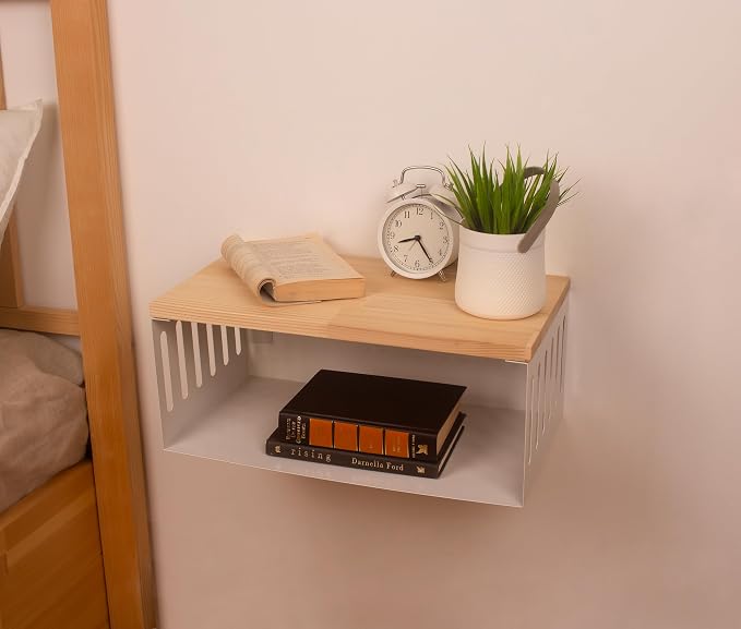 Floating Nightstand with White Metal Base, Wooden Top and Sturdy Metal Base - Image 7