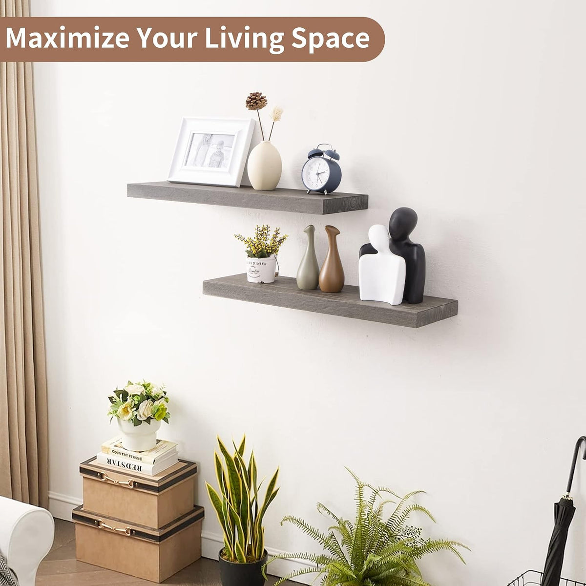 Floating Shelves for Wall, 24in Reclaimed Elm Wood Shelves, Grey, 2PCs