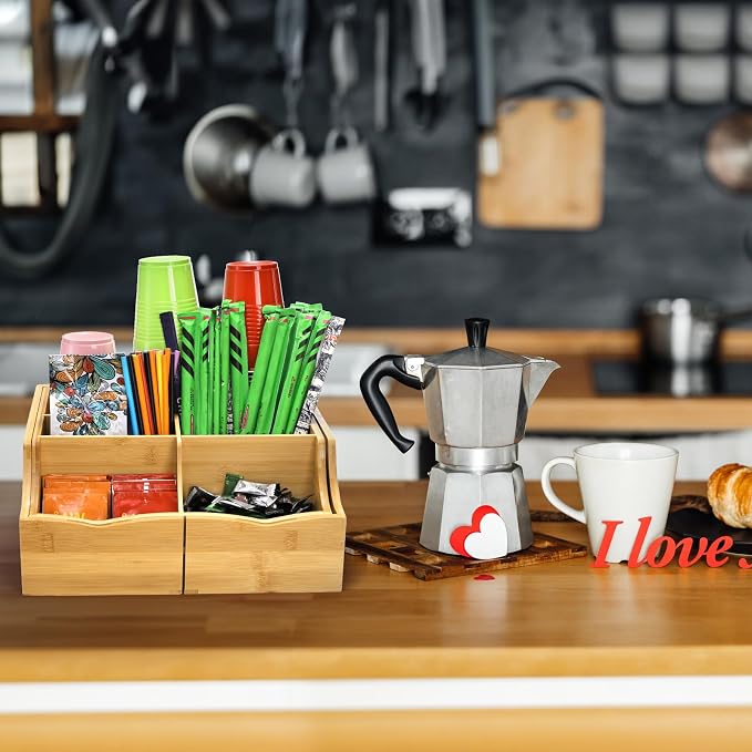 Coffee Station Organizer for Countertop, Bamboo Coffee Bar Condiment Organizer - Image 5