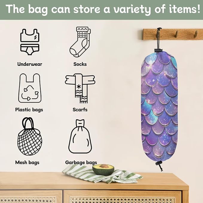 Purple Mermaid Scales Plastic Bag Holder 2 Pcs Grocery Bag Organizer Reusable - Image 3