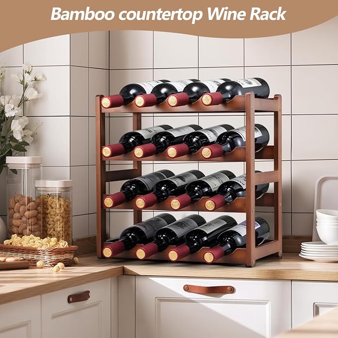 Bamboo Wine Rack, 4 Tier, Wine Bottle Holder, Hold 16 Bottles - Image 4