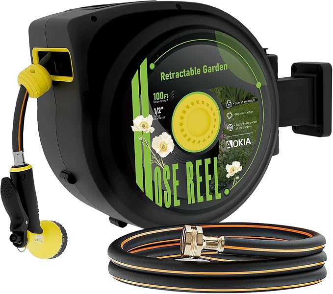 Aokia Retractable Garden Hose Reel, 1/2 in x 100 ft Wall Mounted Heavy Duty by AOKIALLC