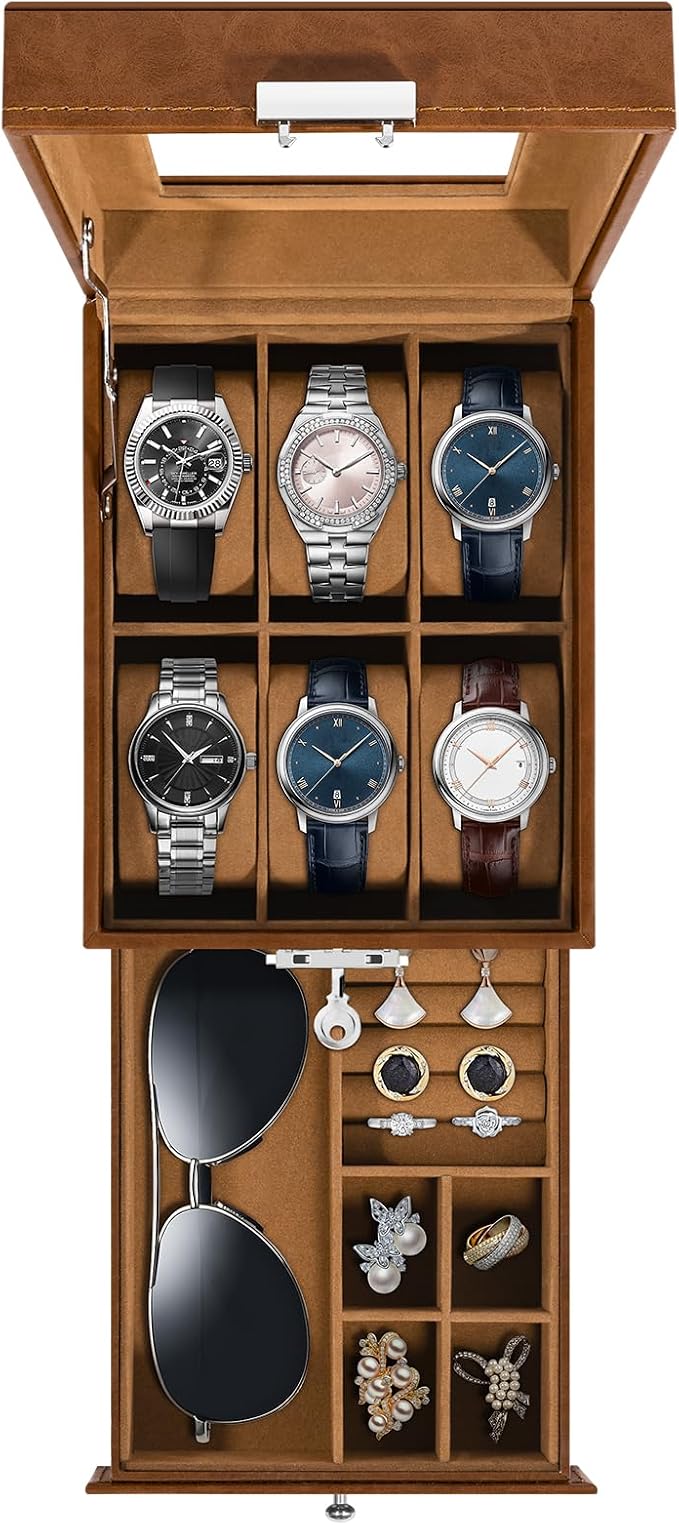Uten 6-Slot Watch Box, 2-Layers PU Leather Watch Case by UTENHOMEGOODSCENTER