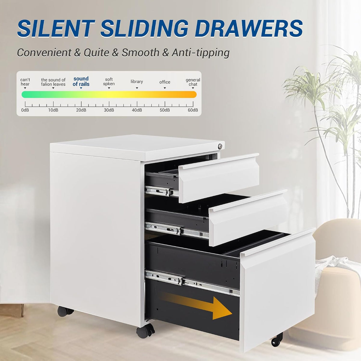 3 Drawer Mobile Metal File Cabinet, White Filling Cabinets with Lock