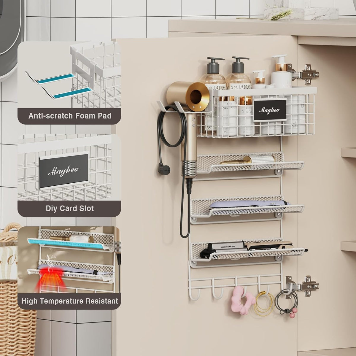Magheo Hair Dryer Holder Wall Mounted, Adheisve Hair Tool Organizer