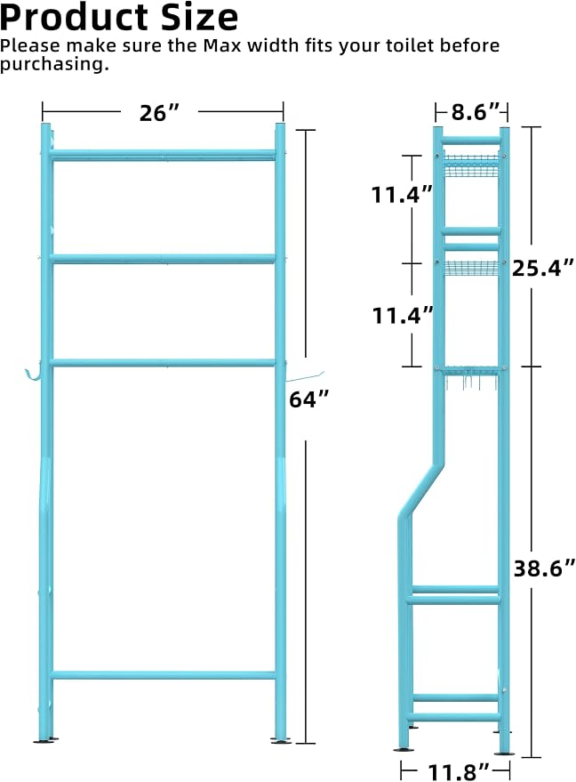 3-Tier Over The Toilet Storage, Freestanding Metal Bathroom Shelves - Image 3