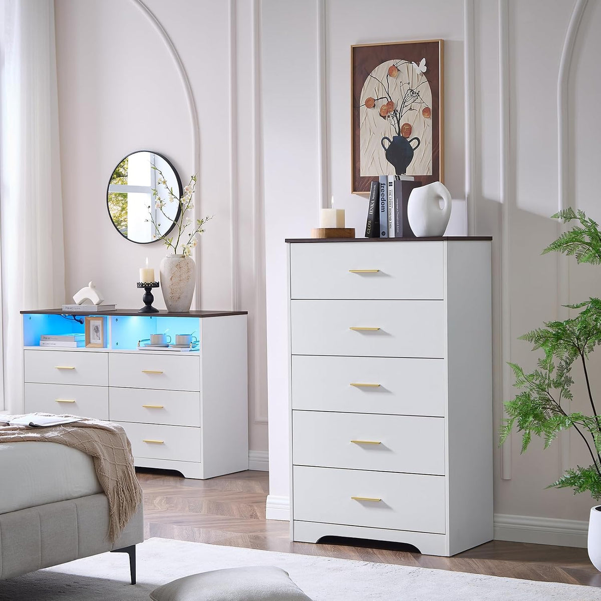 White Dresser for Bedroom, Tall 5 Drawer Dressers & Chests of Drawers