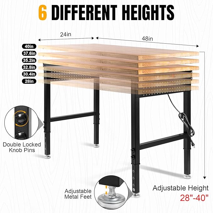 48" L×24”W Adjustable Workbench, 28”-40”Heights Heavy Duty Table 2000 LBS Load - Image 4